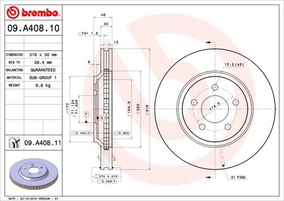 Тормозной диск BREMBO 09.A408.11 YFINTJ K 1440109191 изображение 0