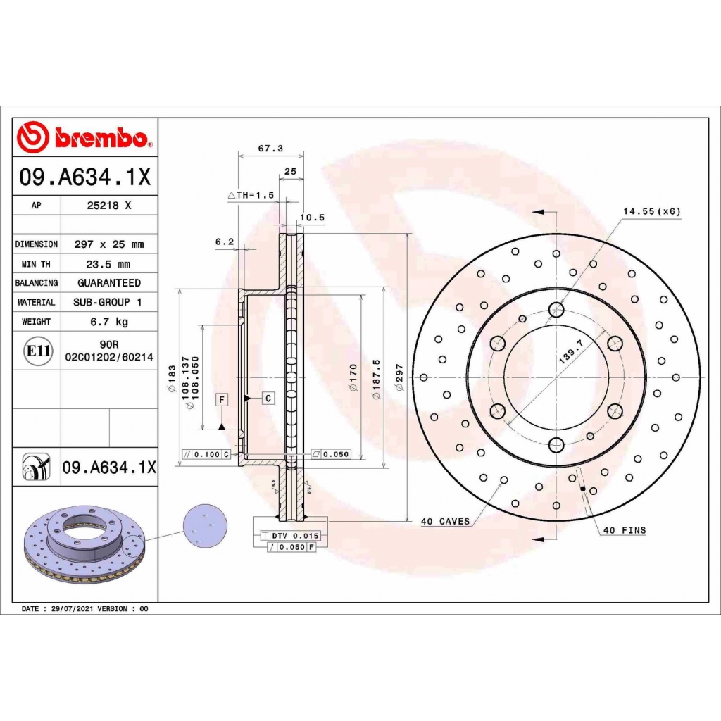 Тормозной диск BREMBO 1440109193 09.A634.1X 4DKH 6N изображение 0