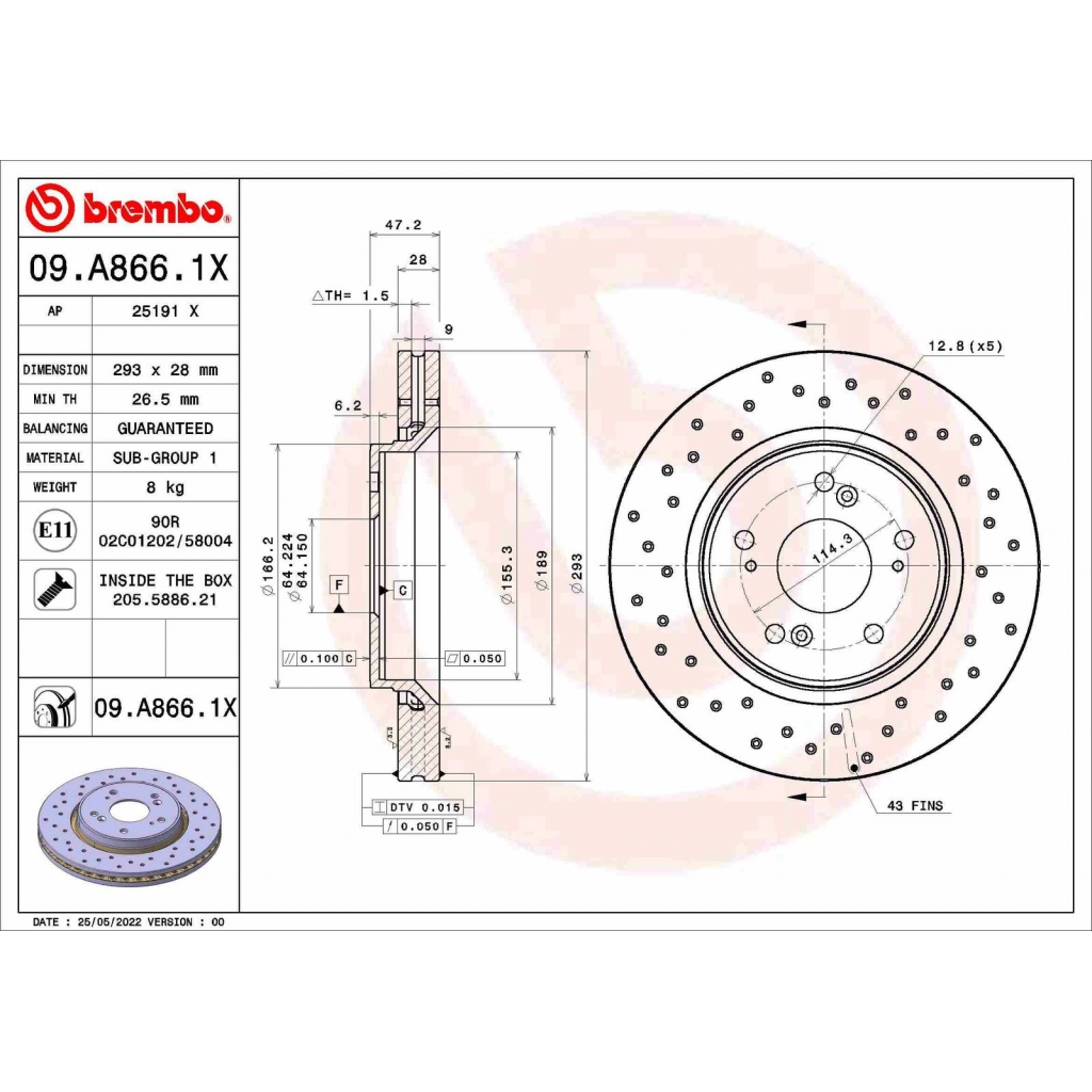 Тормозной диск BREMBO 09.A866.1X 1440109199 VB AFU