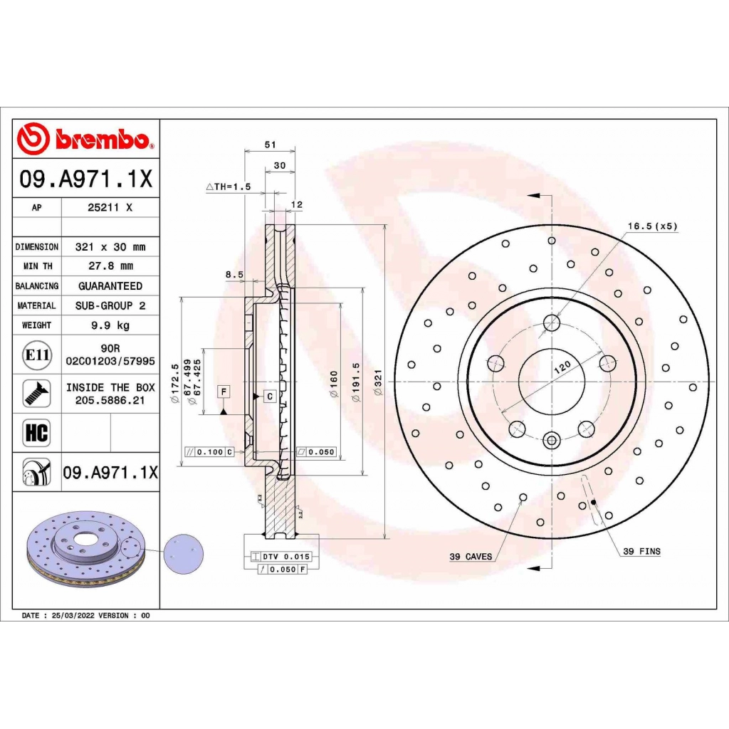 Тормозной диск BREMBO 09.A971.1X FAM J9 1440109202 изображение 0
