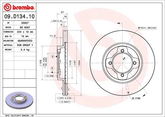 Тормозной диск BREMBO 8020584228487 1424903821 09.D134.10 3PE QL0 изображение 0