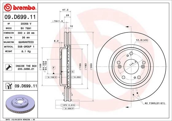 Тормозной диск BREMBO 1440109287 09.D699.11 PDQ59F E изображение 0