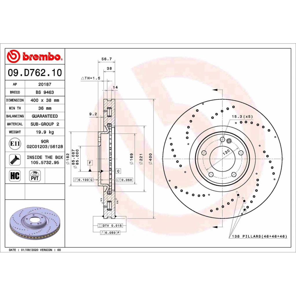Тормозной диск BREMBO 09.D762.10 1440109304 XK 58M изображение 0