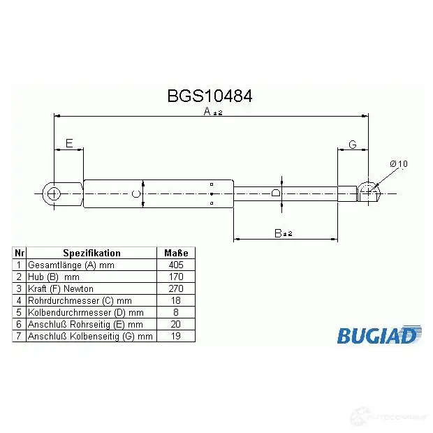 Амортизатор капота BUGIAD 1503242 4043193104847 bgs10484 Z5B CV изображение 0