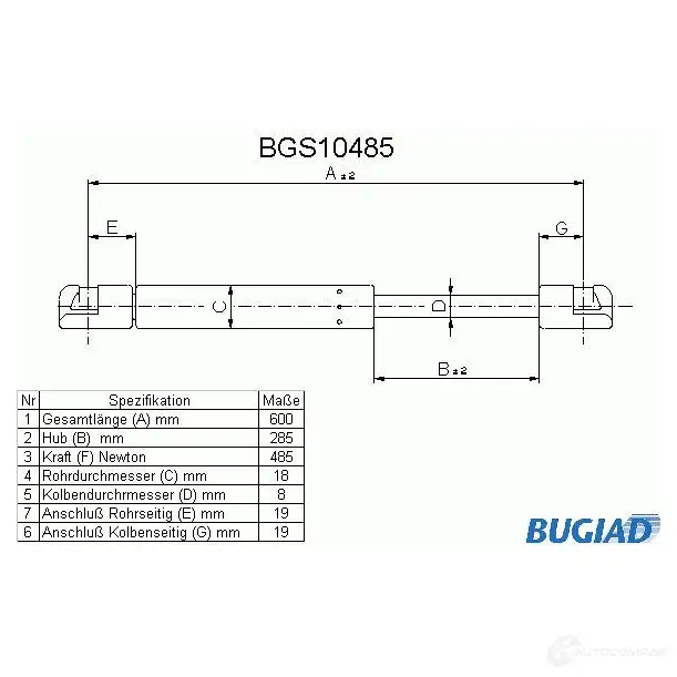 Амортизатор багажника, упор задней двери BUGIAD 1503243 XOMK 3 4043193104854 bgs10485
