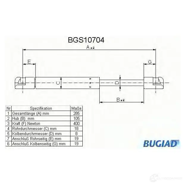 Амортизатор багажника, упор задней двери BUGIAD 7 91KP bgs10704 1503423 4043193107046