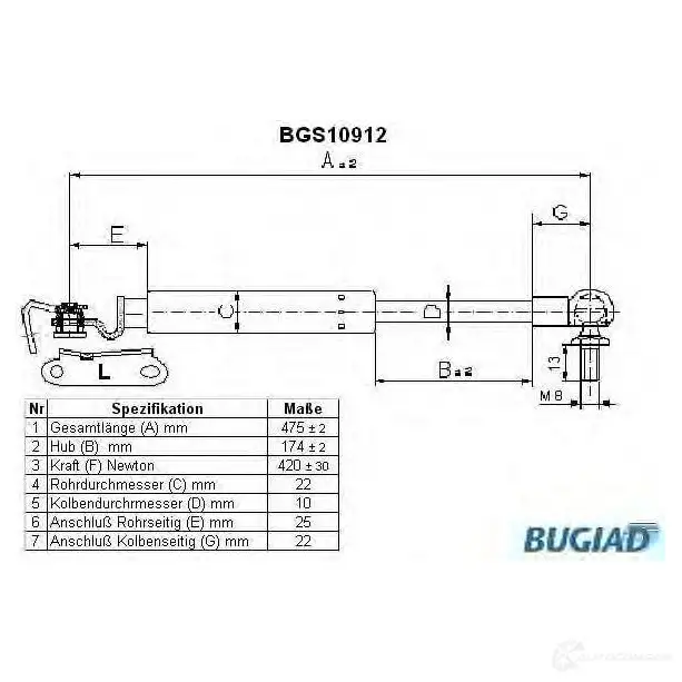 Амортизатор багажника, упор задней двери BUGIAD bgs10912 1503613 4043193109125 TN9W XB