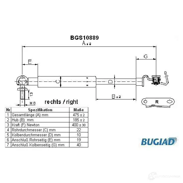 Амортизатор багажника, упор задней двери BUGIAD Q 6YCW bgs10889 4043193108890 1503590