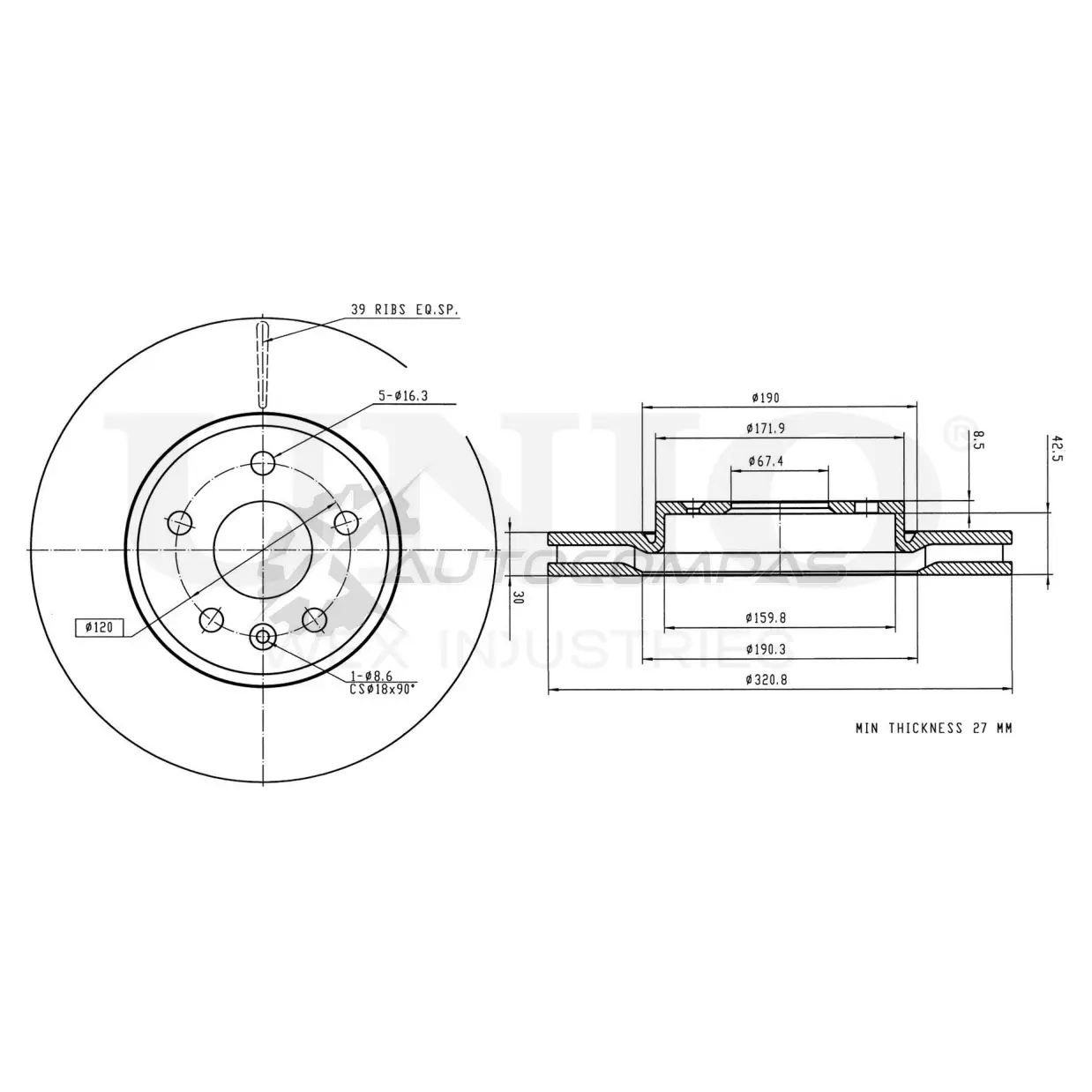 Диск тормозной передний UNIO BRD-20538 U JMQ20 1441314179