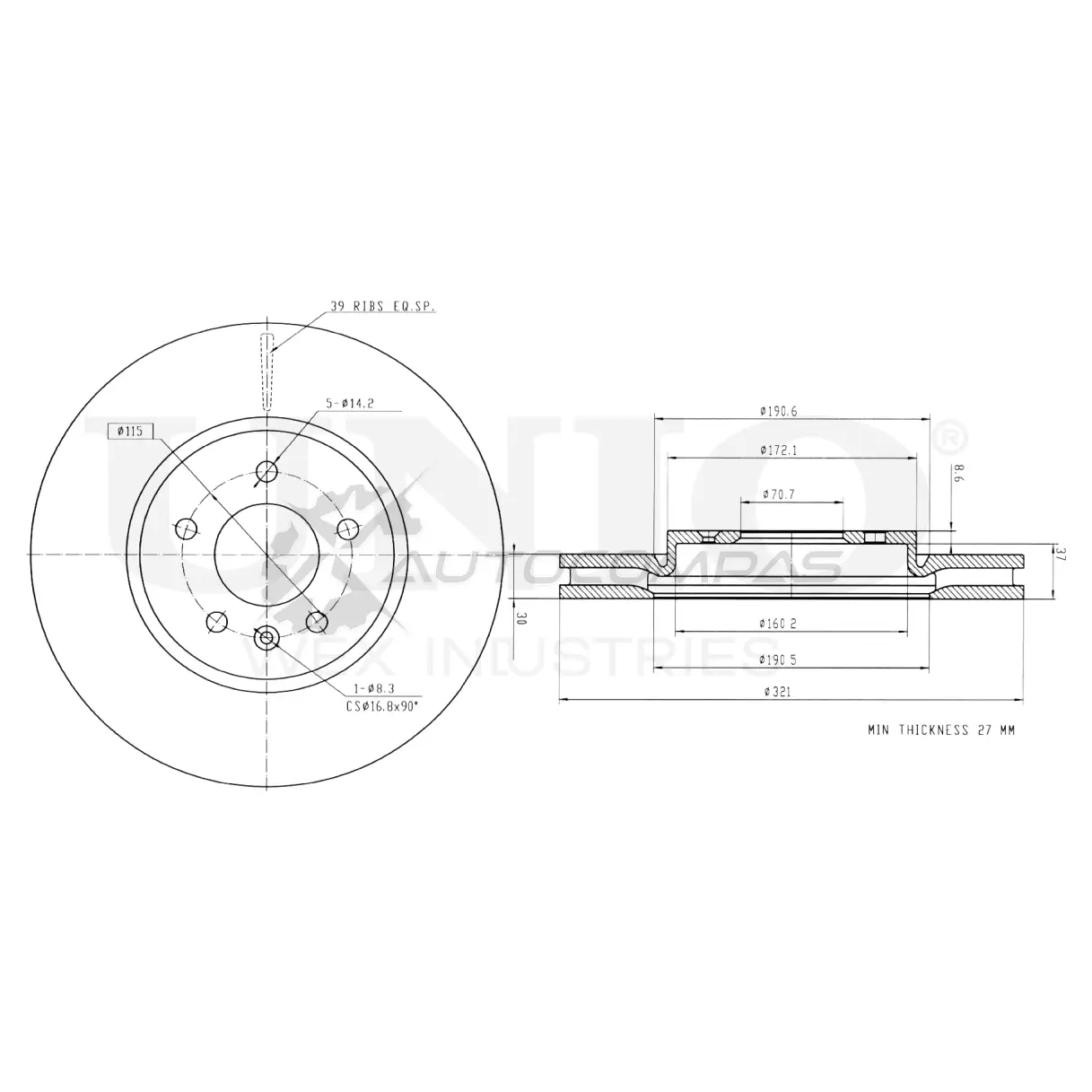 Диск тормозной передний UNIO 1441314381 BRD-20294 TE Y0JU