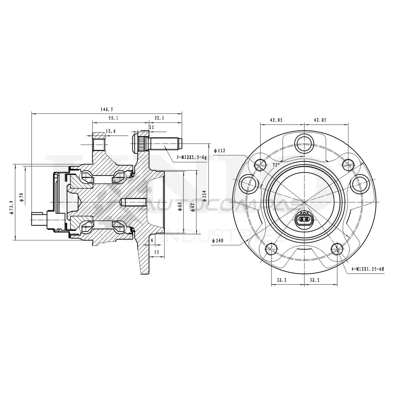 Ступица передняя правая (с ABS) UNIO J EIIZ5P HUB-20257 1441318950