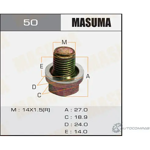 Болт (пробка) маслосливной без магнита M14x1.5 MASUMA 1422888113 50 0M6 MTH изображение 0