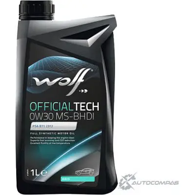 Моторное масло, синтетическое, OFFICIALTECH 0W-30 MS-BHDI, 1 л WOLF 5 GVR545 8323393 8733048 5413048323393