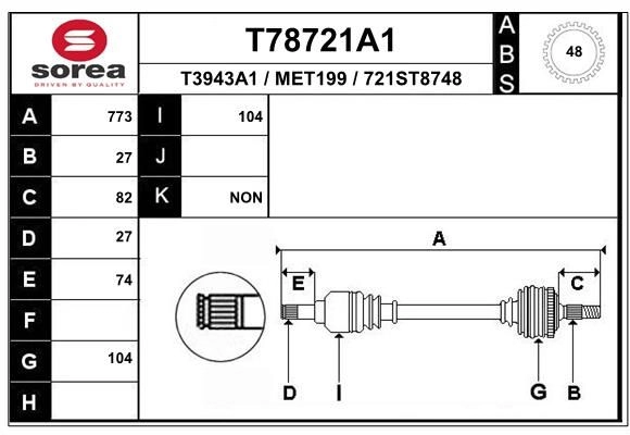 Приводной вал EAI KYQI UR 1441010296 T78721A1 изображение 0