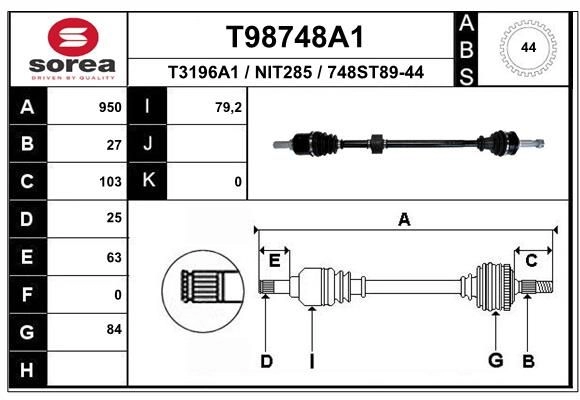 Приводной вал EAI T98748A1 46 N9XA 1441010666 изображение 0