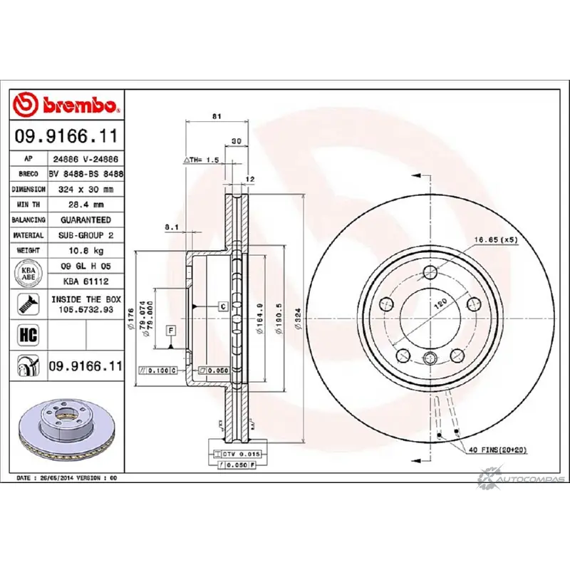 Тормозной диск BREMBO 790861 3C2JD 09.9166.11 WO 8AF8H изображение 1