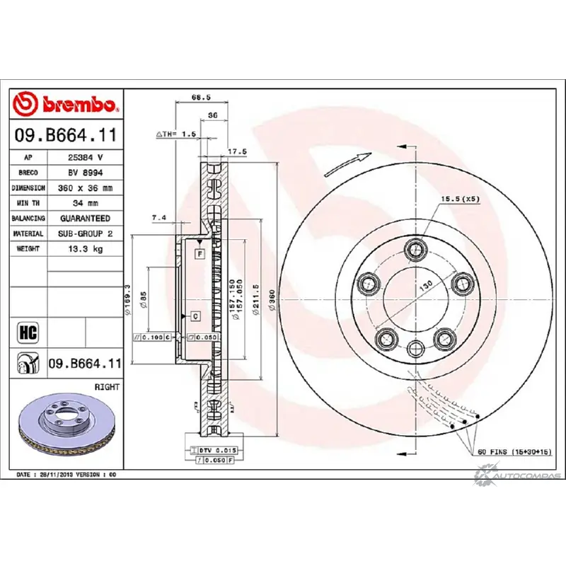 Тормозной диск BREMBO 6B9U52A B 0FZG 791650 09.B664.11