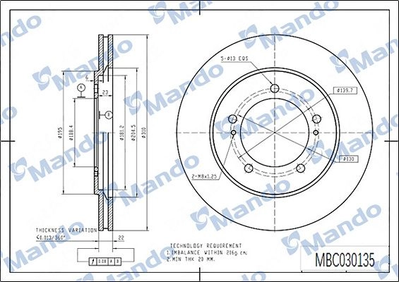 Тормозной диск MANDO MBC030135 5KU1 ZF9 1439987854