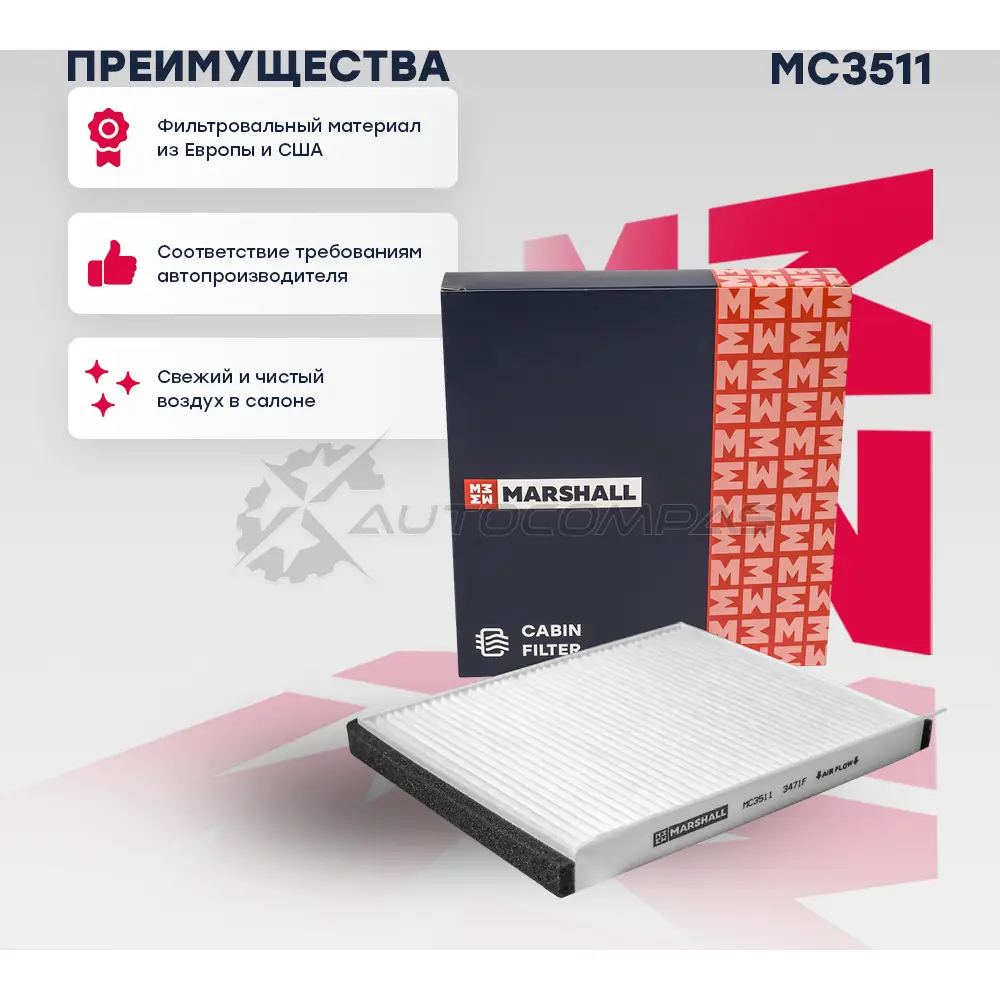 Фильтр салонный Hyundai Accent III 05-, Elantra IV-VI 05-, Kia Cee’d II, III 12-, Cerato III 16- MARSHALL 2ZF0 I MC3511 1441203975 - Изображение 1