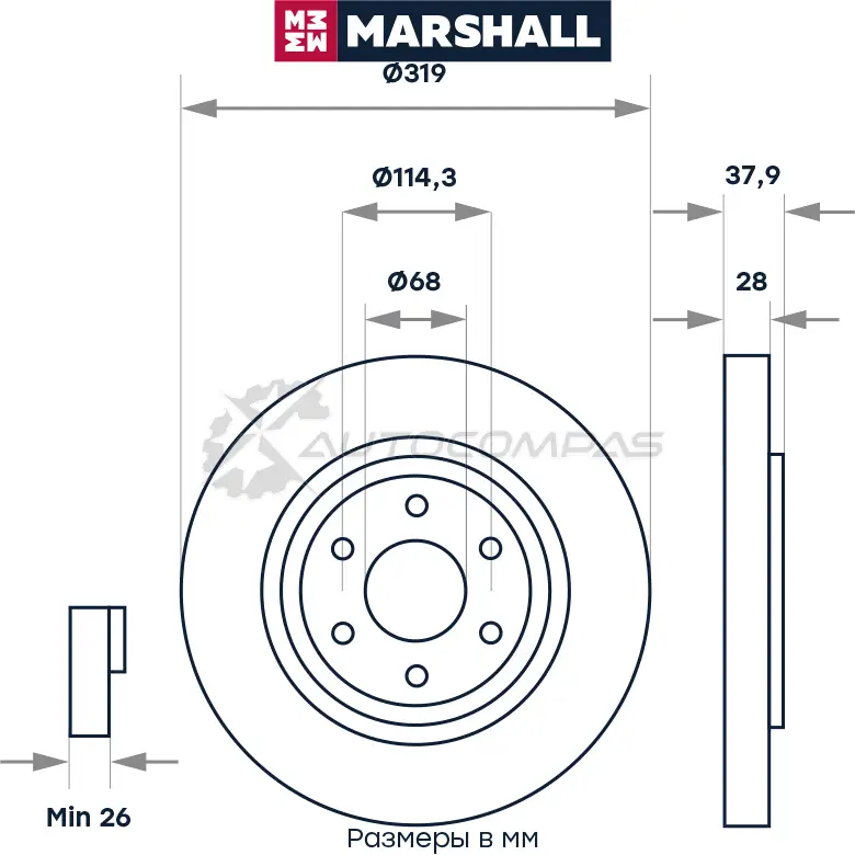 Диск тормозной Nissan Navara III 04-, Pathfinder III 05- MARSHALL 1437234499 M2000592 YPL 0PAX изображение 1