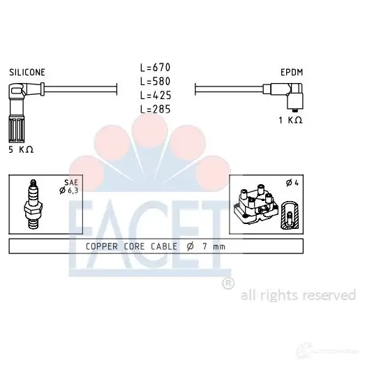 Высоковольтные провода зажигания FACET KW 359 655 4.8655 1512707 EPS 1.500.655 изображение 0