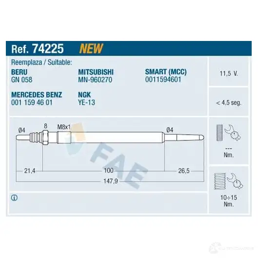 Свеча накала FAE 74225 1991061 EH ZRL 8435050635339 изображение 0