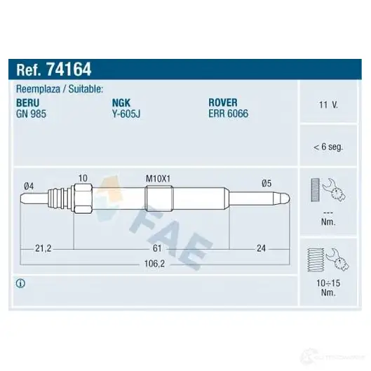 Свеча накала FAE 74164 1991009 8435050616482 KN 2AEDA
