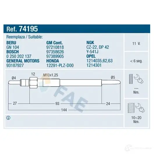 Свеча накала FAE 8435050617809 1991039 74195 90 T3Q2H изображение 0