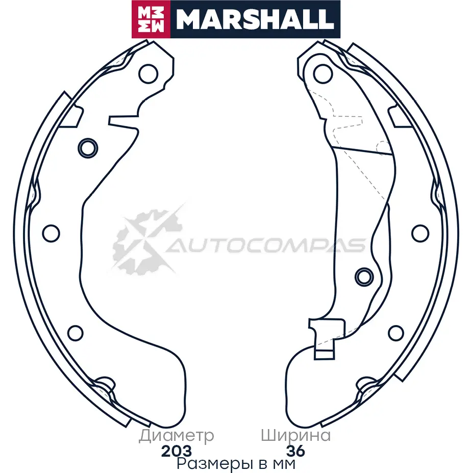 Тормозные колодки барабанные Chevrolet Aveo I 03-, Cobalt 13-, Spark III 10-, ZAZ Vida 12- MARSHALL 1437232515 M2520209 TR10AJ M - Изображение 1