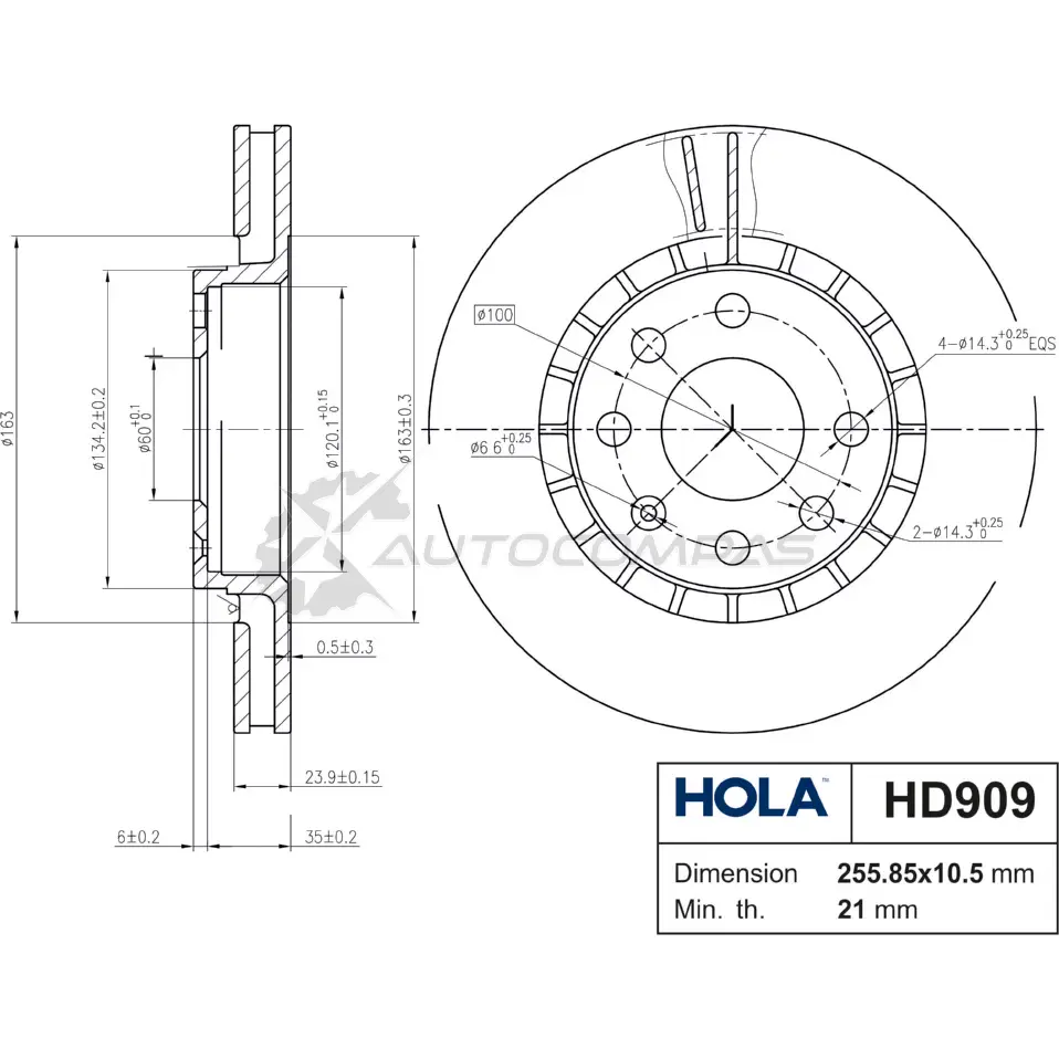 Тормозной диск вентилируемый HOLA 1271766034 SX4ZD F HD909 8718401507241