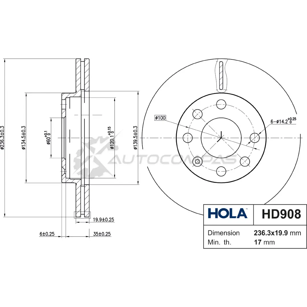 Тормозной диск вентилируемый HOLA HD908 1271766032 0IXW AN 8718401507234 изображение 0