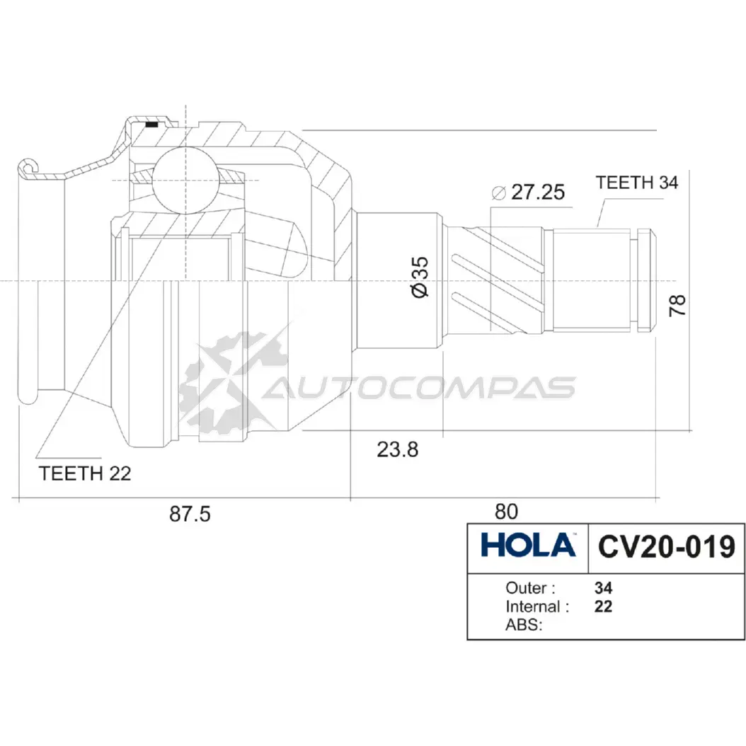 ШРУС внутренний HOLA CV20-019 U4IB Q 1424603558 изображение 0