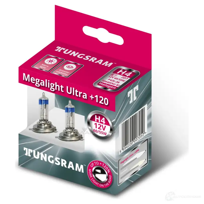 Лампа галогеновая H4 MEGALIGHT ULTRA +120% 60/55 Вт 12 В TUNGSRAM 1439693575 6 QC8W 50440SNUB2 - Изображение 1