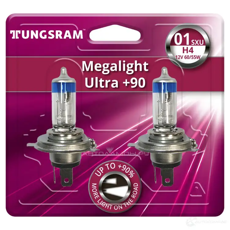 Лампа галогеновая H4 MEGALIGHT ULTRA +90% 60/55 Вт 12 В TUNGSRAM 50440SXUBL2 1439693579 B 0Y3HP0 - Изображение 1