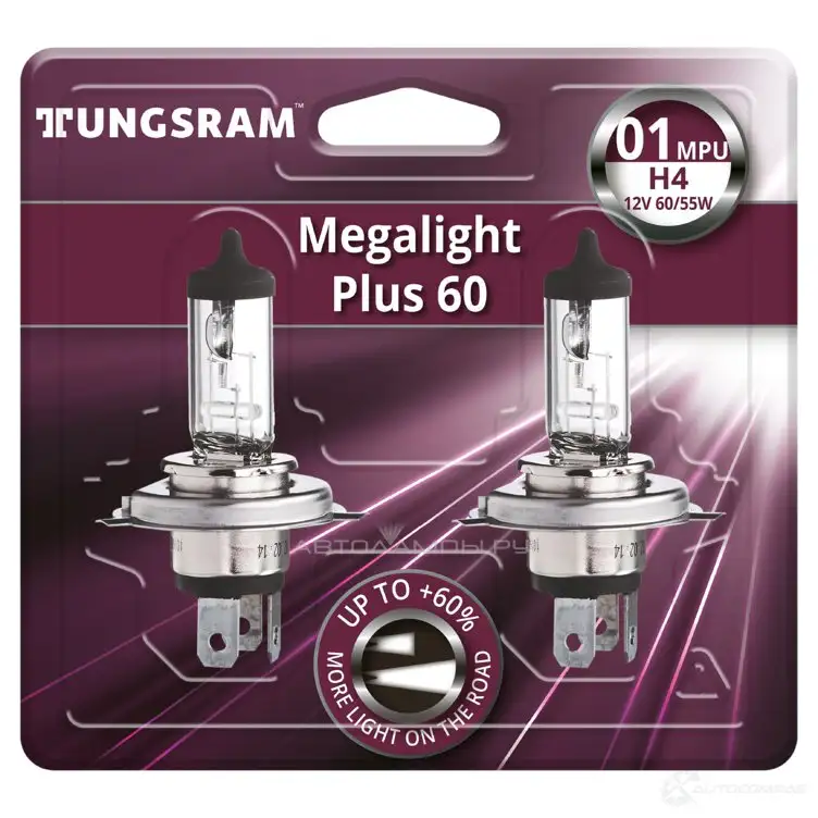 Лампа галогеновая H4 MEGALIGHT PLUS +60% 60/55 Вт 12 В TUNGSRAM MYO2 OD 1439693581 50440MPUBL2 - Изображение 1