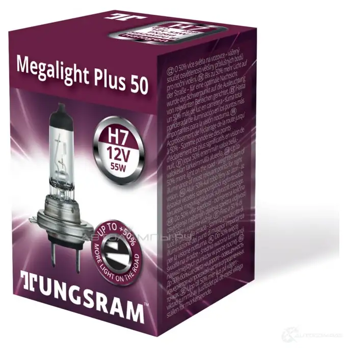 Лампа галогеновая H7 MEGALIGHT PLUS +60% 55 Вт 12 В TUNGSRAM 58520MPUB1 1439693585 016Y F - Изображение 1