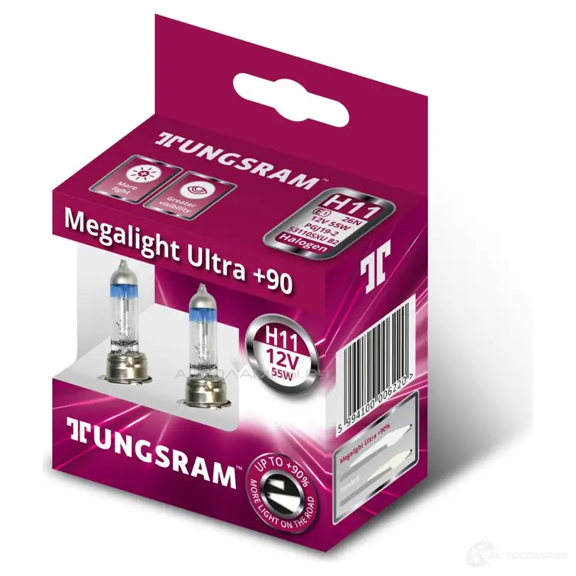 Лампа галогеновая H11 MEGALIGHT ULTRA +90% 55 Вт 12 В TUNGSRAM 309I0B C 53110SXUB2 1439693587 - Изображение 1