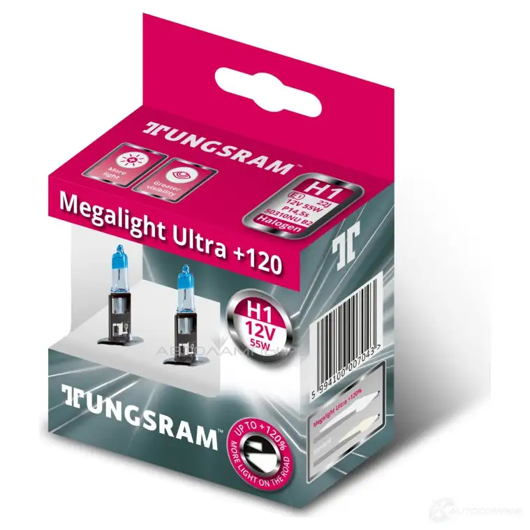 Лампа галогеновая H1 MEGALIGHT ULTRA +120% 55 Вт 12 В TUNGSRAM 1439693600 525608 1U6L9 3V - Изображение 1