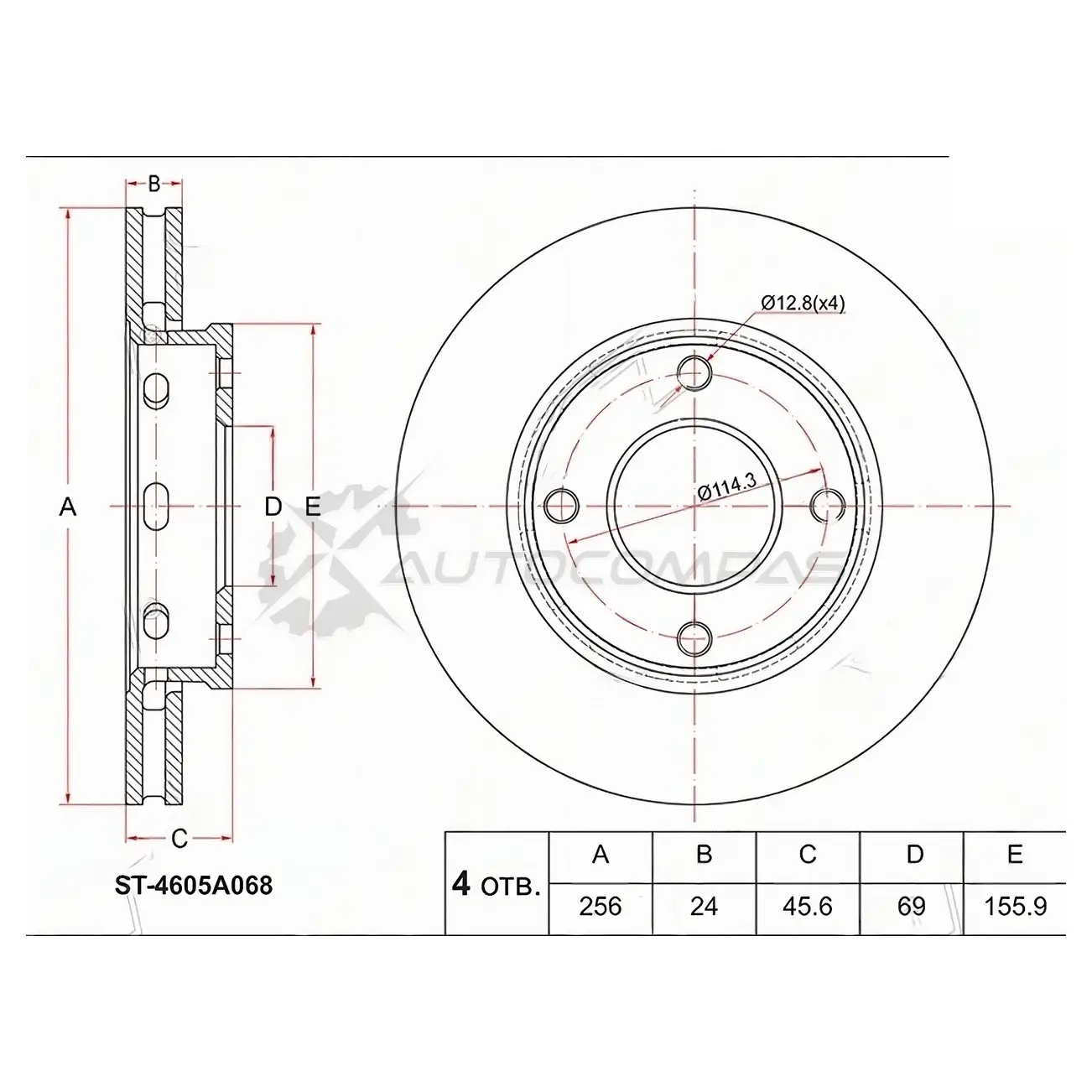 Тормозной диск передний MITSUBISHI COLT VI 02-12/SMART FORFOUR 04-06 SAT 1422814446 5X I6E5Z ST4605A068