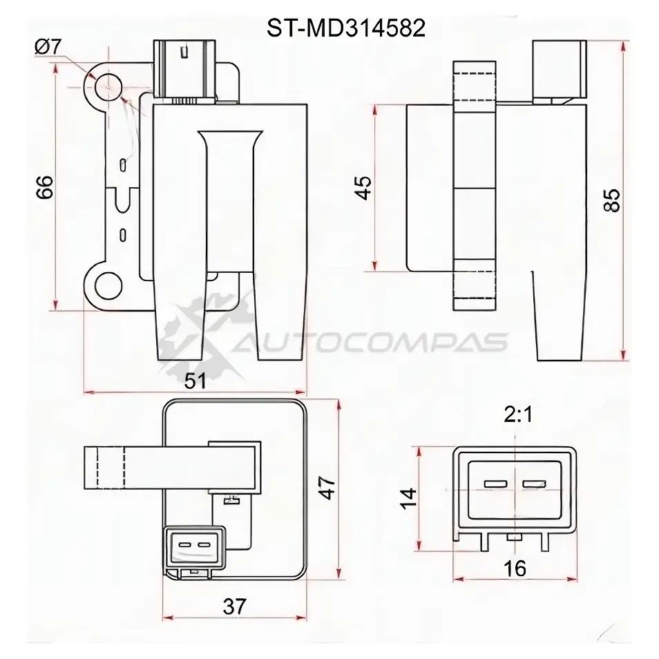 Катушка зажигания MITSUBISHI L200 96-07/PAJERO/MONTERO SPORT V23/25/63/65/43/45 6G72/74 SAT 1422814164 STMD314582 Q2T CV изображение 0