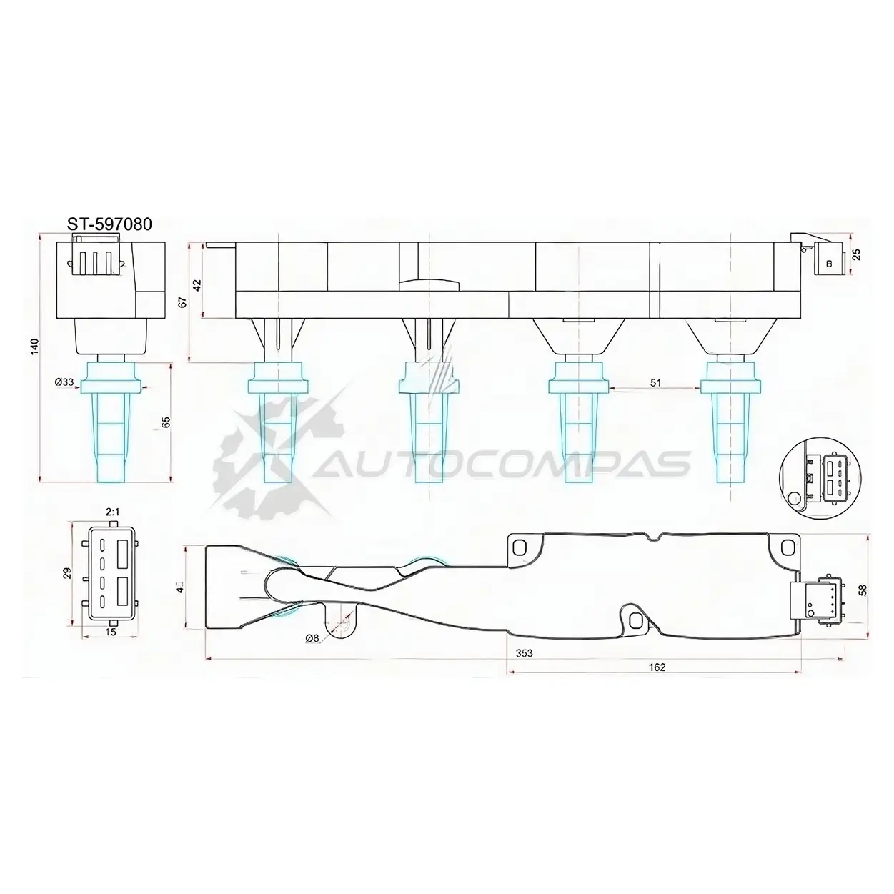 Катушка зажигания PEUGEOT 1007 05-10/206 00-08/207 06-12/307 02-10/CITROEN C3 00-09/C4 04- (модуль) SAT 1422819204 YSF 53RW ST597080 изображение 0