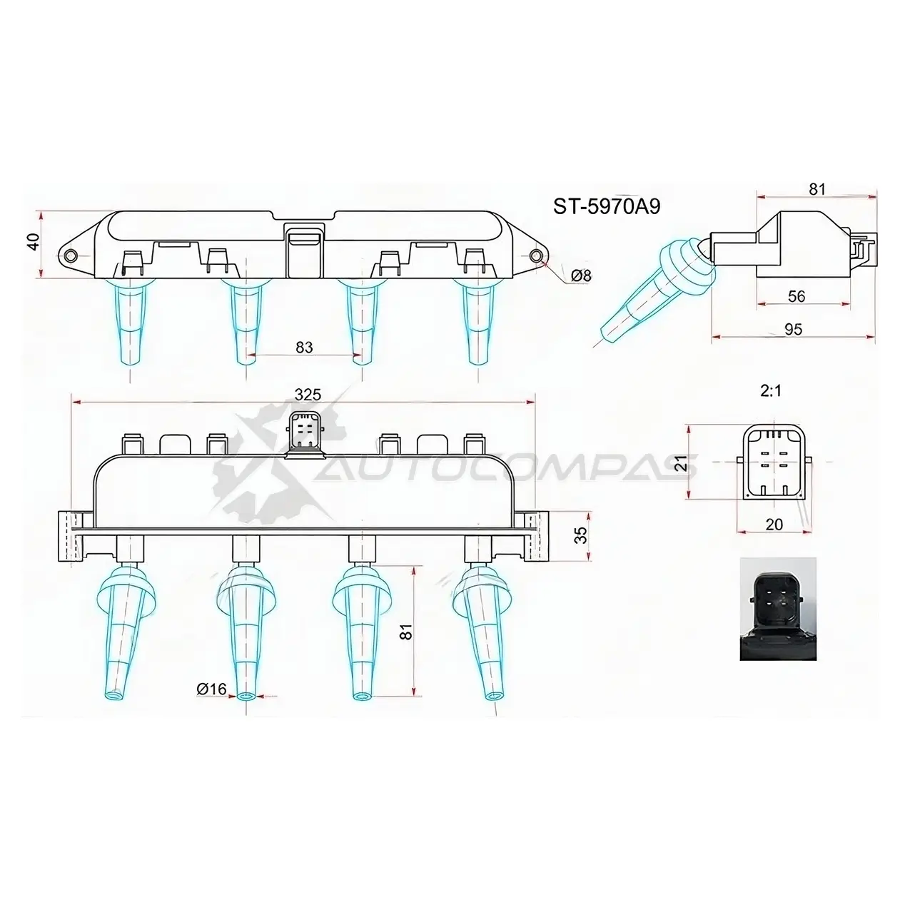 Катушка зажигания PEUGEOT 106 96-04/206 98/CITROEN BERLINGO 96-08 (модуль) SAT ST5970A9 1422819206 4QHI U изображение 0