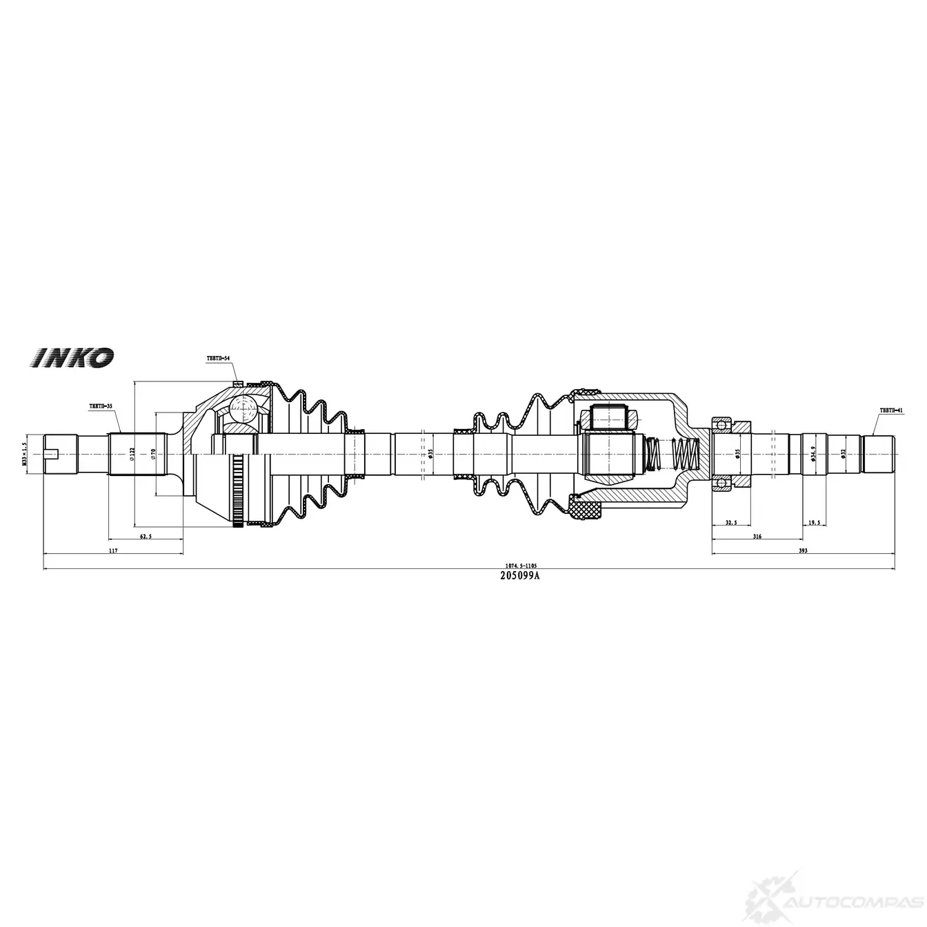 Вал приводной в сборе 35/41 ABS 54 | перед прав | INKO 205099A 62K 82 1439933378 изображение 0