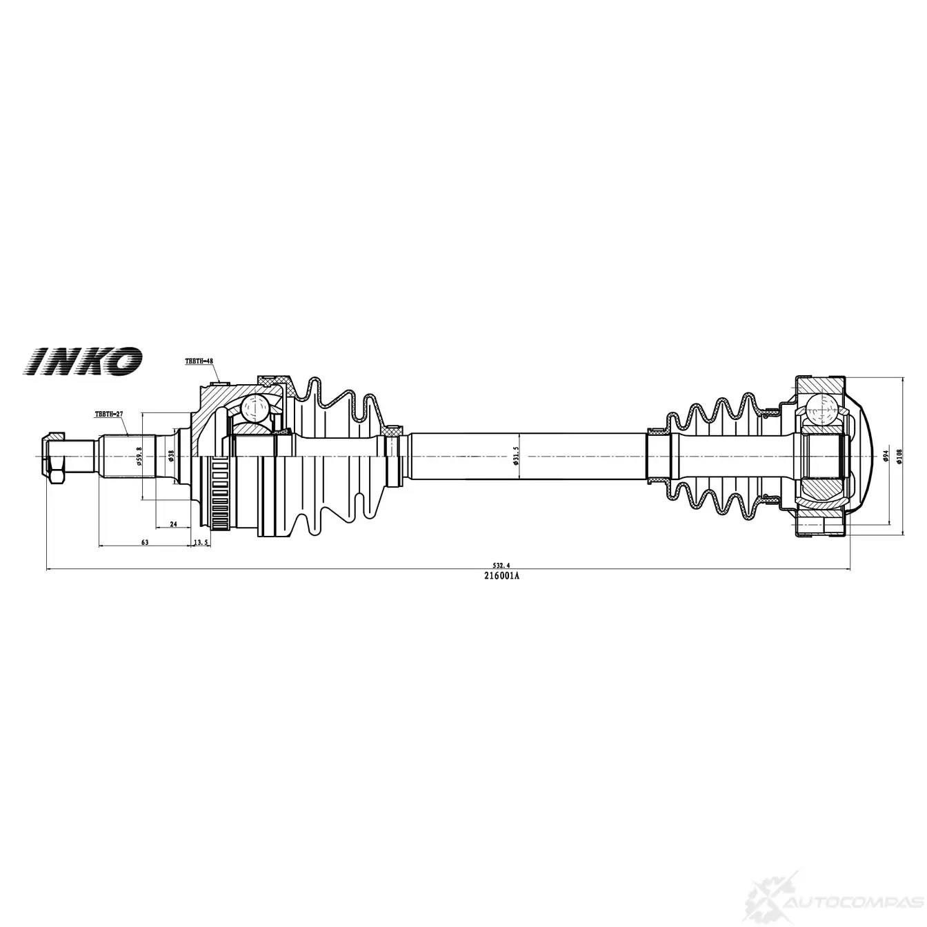Вал приводной в сборе 27 ABS 48 | перед прав/лев | INKO 216001A 1439932554 57VRF 7