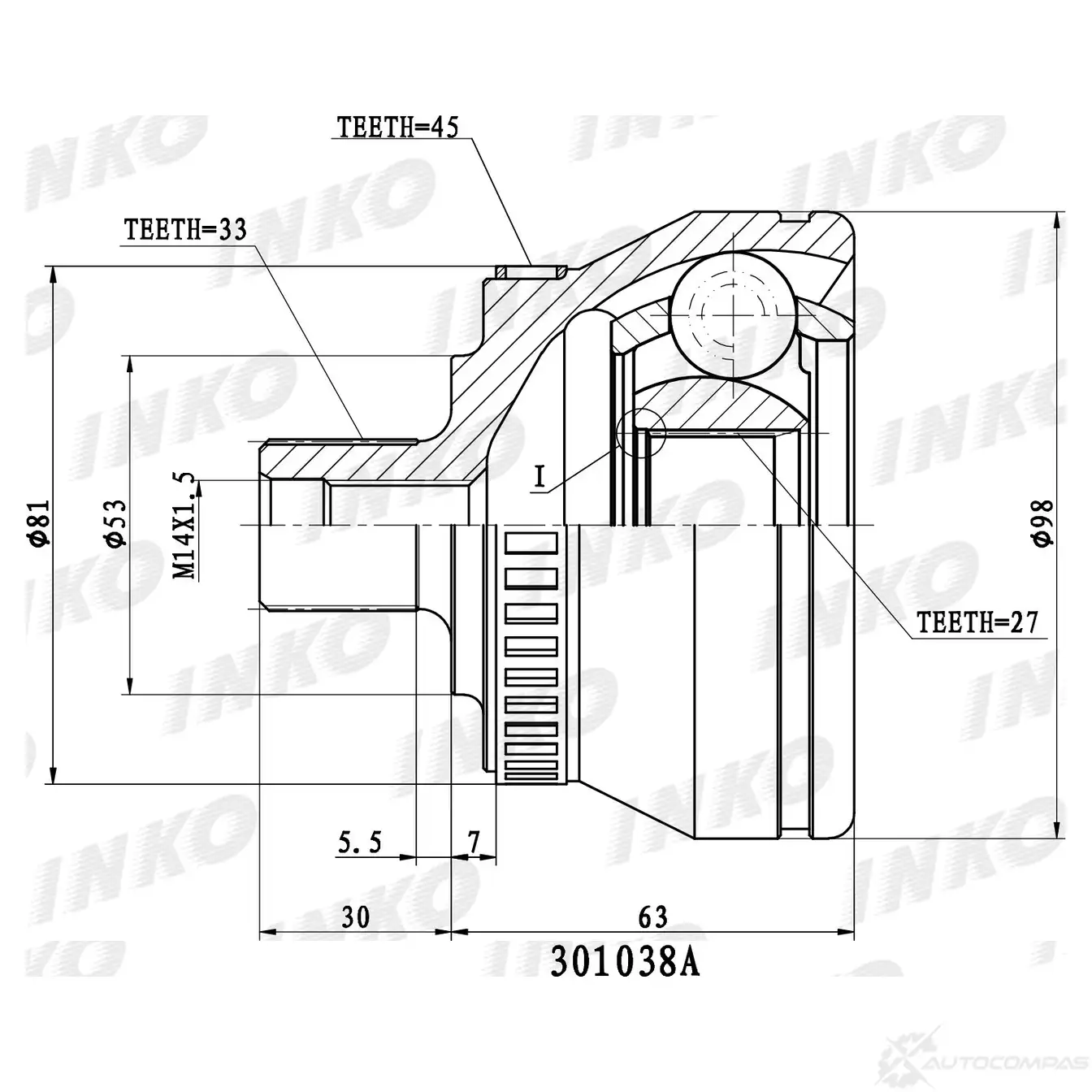 ШРУС внешний 33/27 ABS 45 | перед | INKO 1439931656 301038A 36PIZ 7D