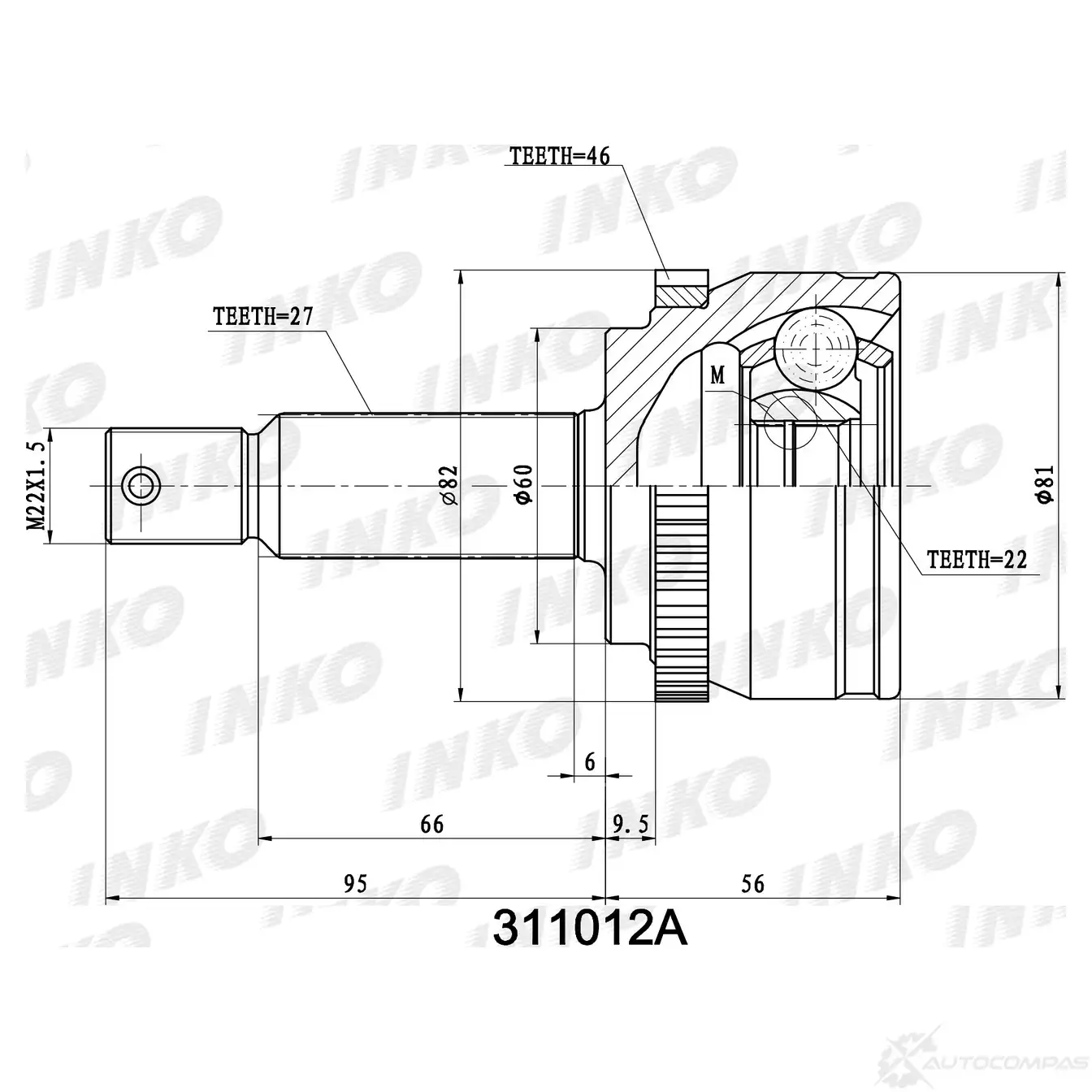 ШРУС внешний 27/22 ABS 46 | перед прав/лев | INKO 311012A 1439932835 56Z0 43 изображение 0