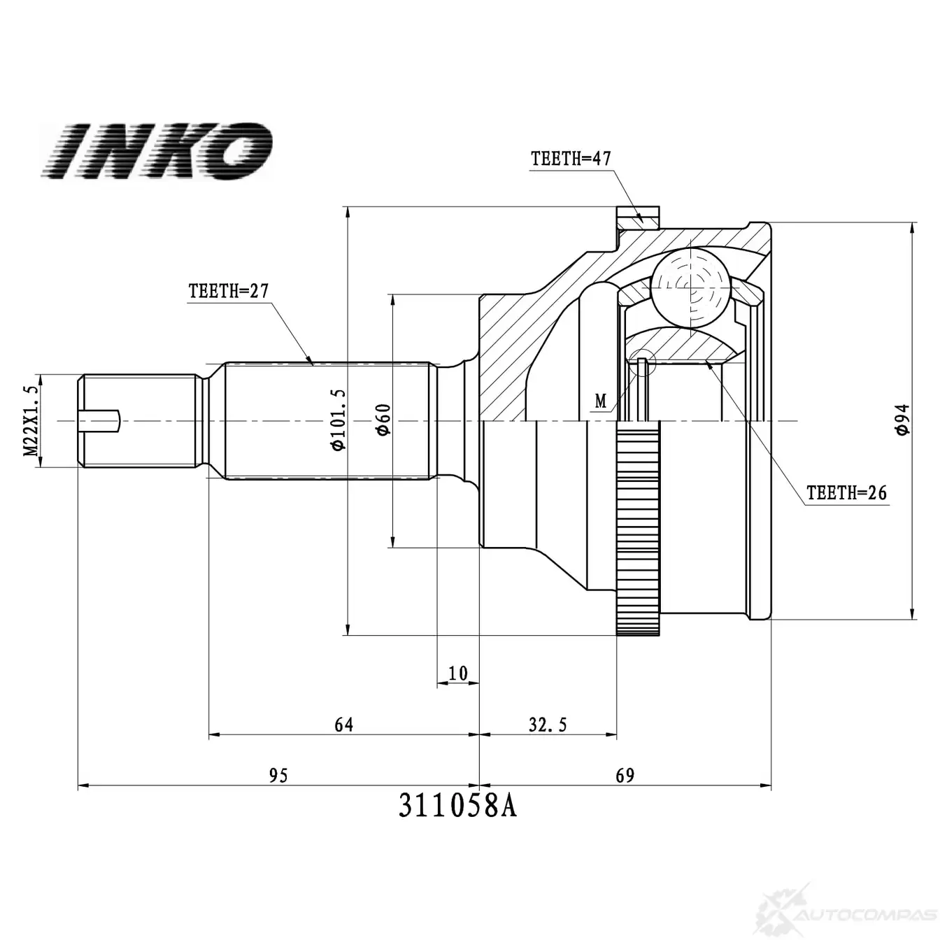 ШРУС внешний 27/26 ABS 47 | перед прав/лев | INKO ZQJ IC9 311058A 1439932876 изображение 0