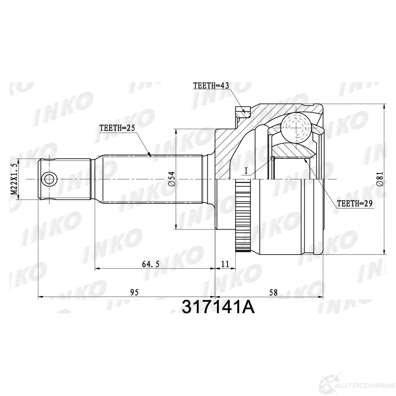 ШРУС внешний 25/29 ABS 43 | перед | INKO 317141A 46ZF 9U 1439932425
