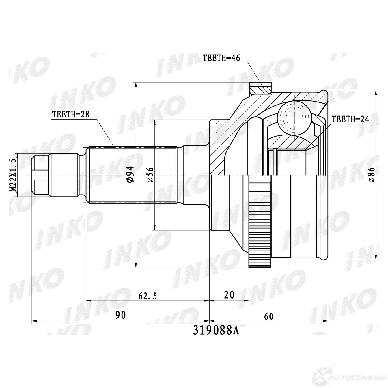 ШРУС внешний 28/24 ABS 46 | перед прав/лев | INKO X24L V 319088A 1439932858 изображение 0