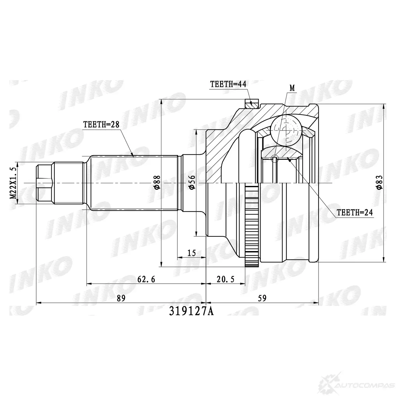 ШРУС внешний 28/24 ABS 44 | перед прав/лев | INKO 319127A J2IU 9 1439932653